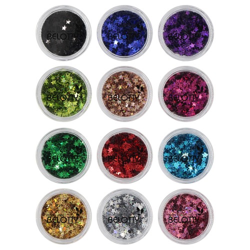 Belotty 12 Jar Chunky Glitter for Nails, Multiple Color Holographic Glitter Nail Spangles, Iridescent Nail Glitter Flakes for Nail Art Decorations/ Body Makeup/ Face Glitter/ Resin Craft Glitter Fest